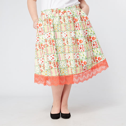 'Clover' Button Through Swing Skirt in Patchwork Floral