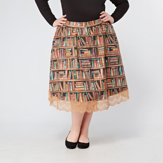 'Clover' Button Through Bookshelf Print Swing Skirt